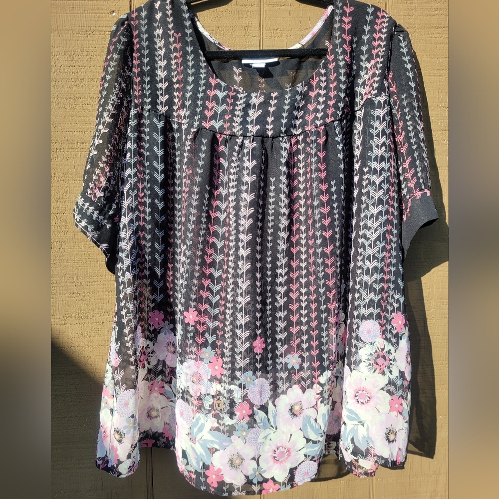 Dress Barn Black & Sheer Women's Blouse, Plus Size 22/24, with Flowers